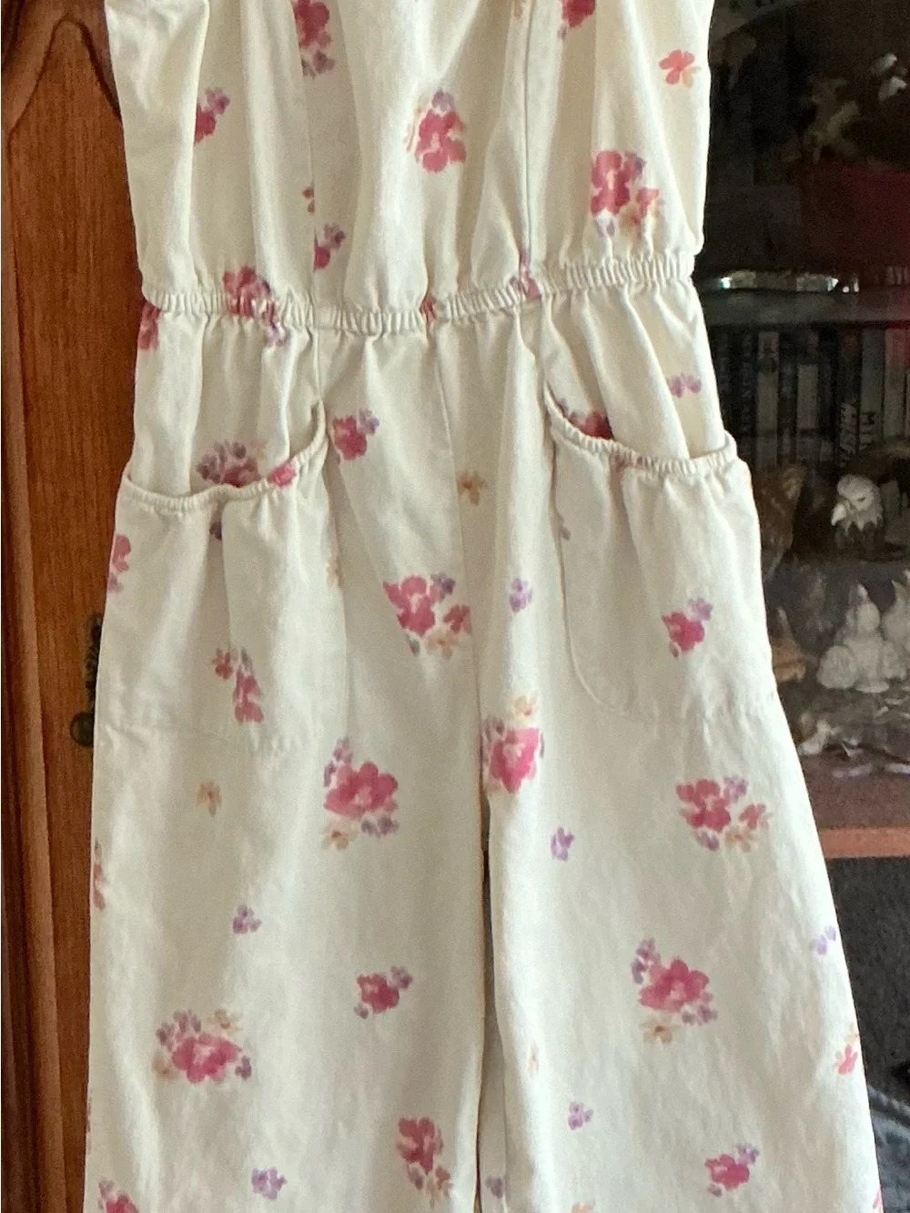 Oshkosh B’Gosh Girls Size 8/8A Floral Wide Leg Jumpsuit Cream Pink Pockets